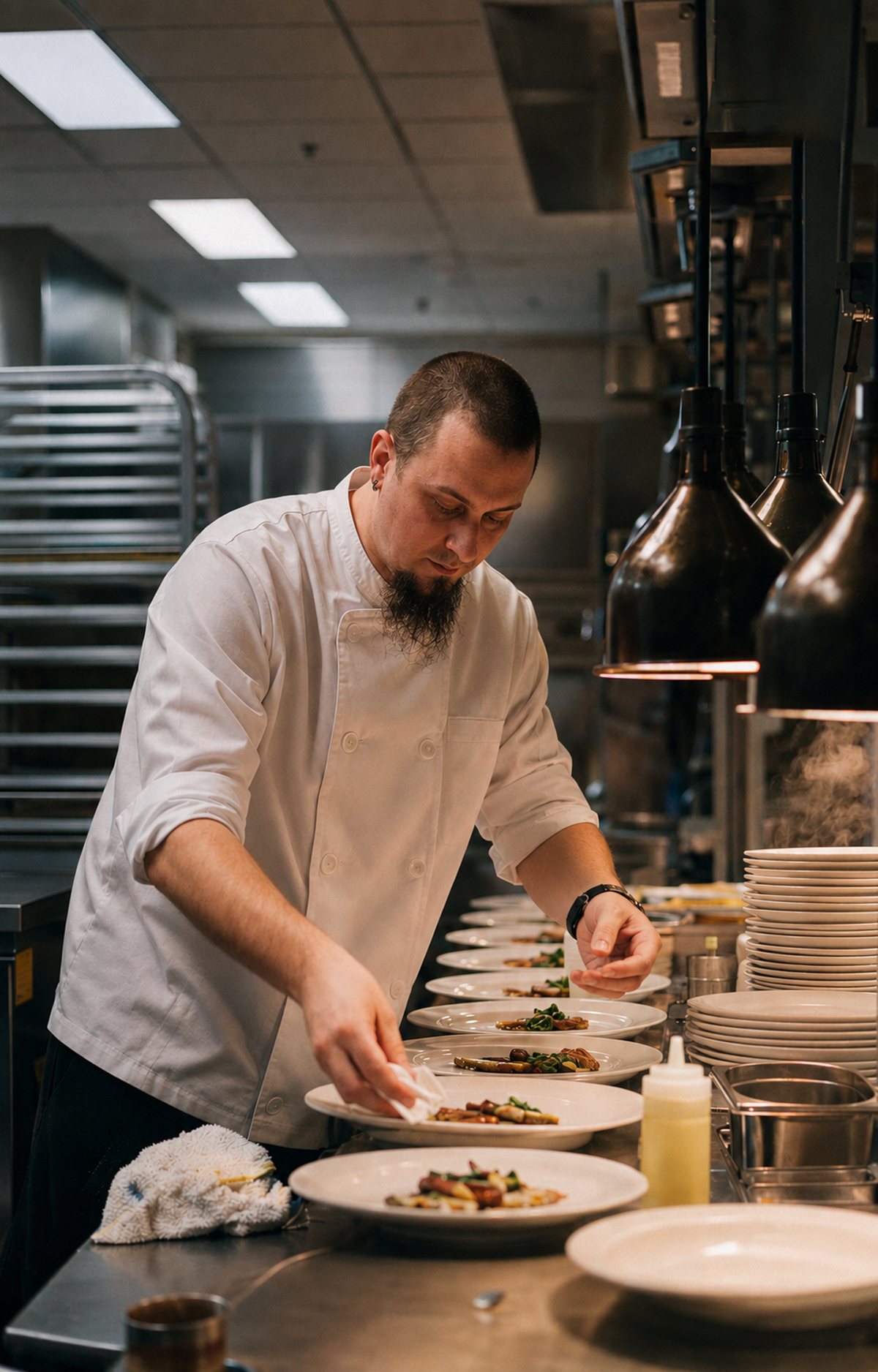 Daniel Lubin plating a banquet service in a hotel kitchen, working the pass under heat lamps.