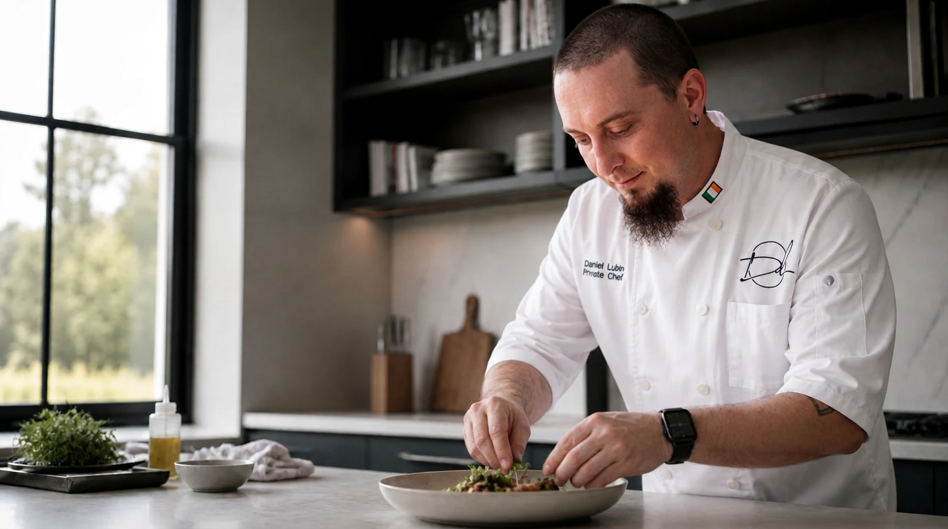 Chef Daniel Lubin plating a dish in a private kitchen